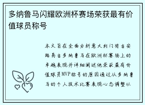 多纳鲁马闪耀欧洲杯赛场荣获最有价值球员称号
